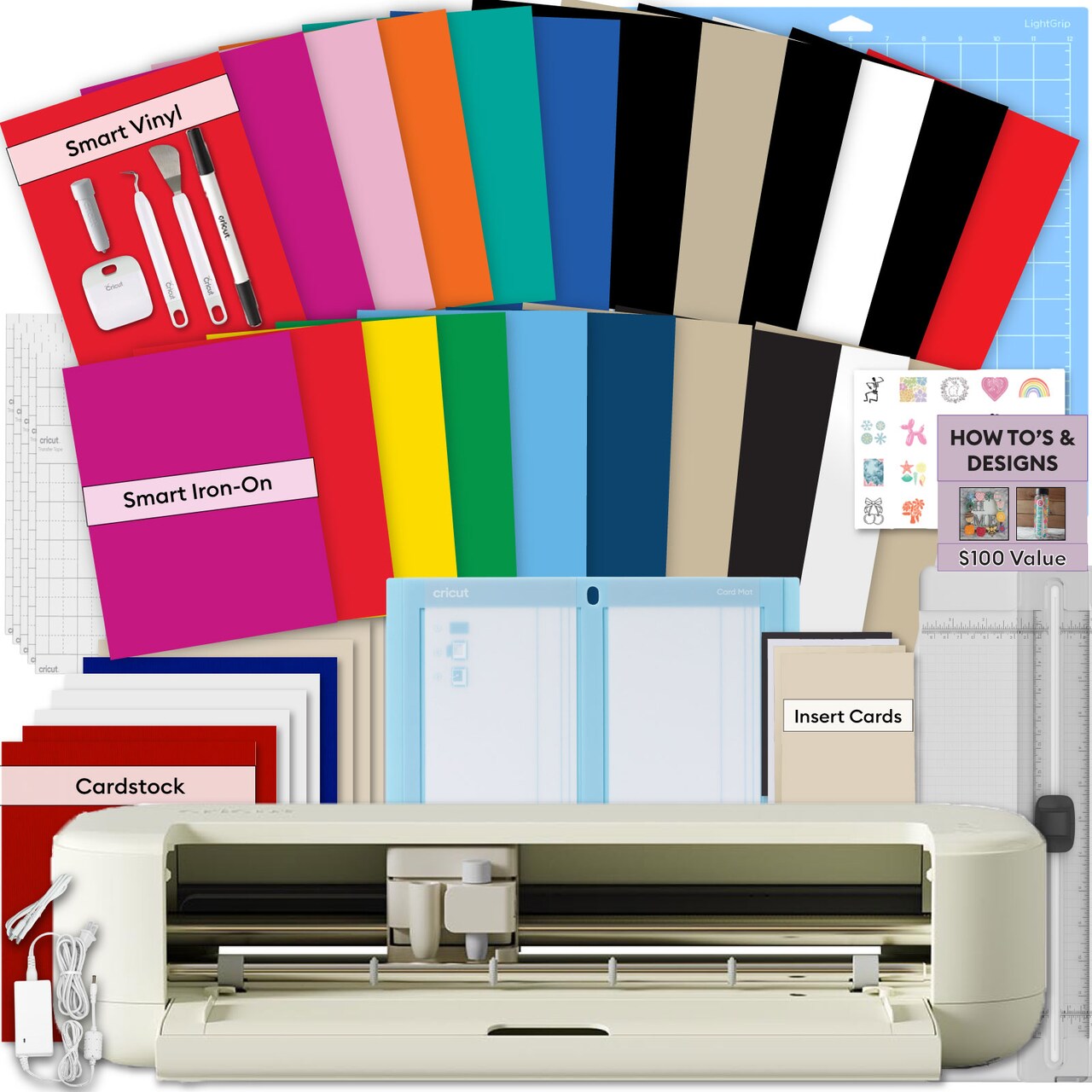 Cricut Explore 5 Essentials Machine Bundle with Rainbow Smart Vinyl & Iron-On Sheets - DIY Cutting Machine for Decals, Stickers, HTV & Custom Crafts